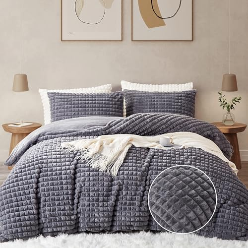 Freyamy Peluche Housse de Couette 220x240cm Gris Hiver Chaude Duveteuse Parure de lit 2 Personne Shaggy Faux Fur avec Fermeture Éclair Waffle Flanelle Linge de lit avec 2 Taie d'oreiller 65 x 65cm