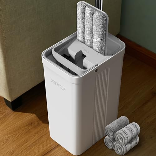 JOYMOOP Mop and Bucket Set, Flat Mops for Floor & Wall Cleaning, Commercial & Household Use, Hardwood Floor Mop with Long Handle & 4 Microfiber Pads