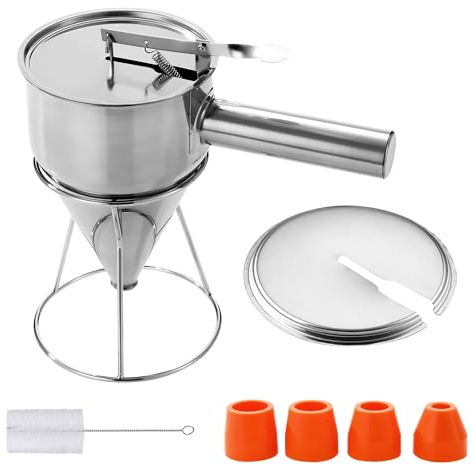 Teigspender Teigportionierer,Pfannkuchen Teigspender 1200ml,Edelstahl Teigspender mit Ständer,Wird mit Deckel, Reinigungsbürste und 4 Ersatzdüsen Geliefert,für Pfannkuchendesserts (1200ML)