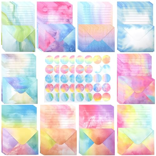 Cyiecw 160 Stück Briefpapier mit Umschlag Set (10 Farben),50 A5 Liniert und 50 Briefumschläge, Aquarell Briefpapier Mädchen Briefbogen Schreibpapier mit 60 Sticker