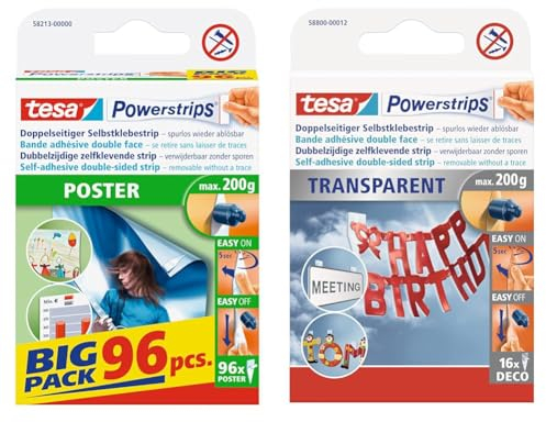 tesa Powerstrips POSTER Big Pack - Doppelseitige Klebestreifen für Poster und Plakate - 96 Stück & Powerstrips transparent Deko - doppelseitige Klebestreifen für leichte Dekorationen