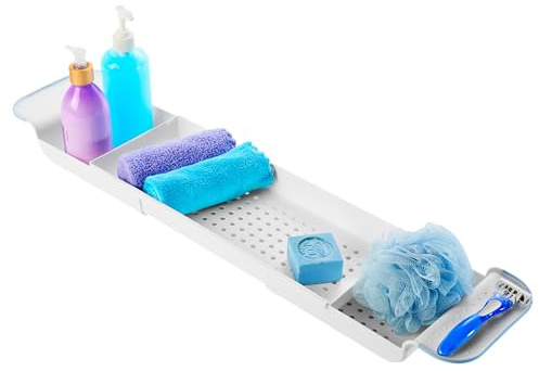madesmart Expandable Bath Shelf, Adjustable Bathtub Tray for Bath-Night, Holds Glasses, Soaps, Toys & Bath Essentials, Non-Slip Grip, Fits Most Tubs, Blue