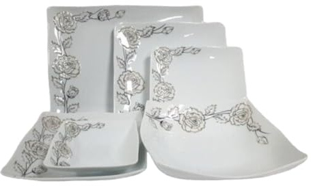 26 Piece Pc Prestige Embossed Square Dinner Set Porcelain Paris Mold Dinnerware Tableware Crockery Plate,Deep Plate,Bowl,Serving Bowl Service for 6 Person
