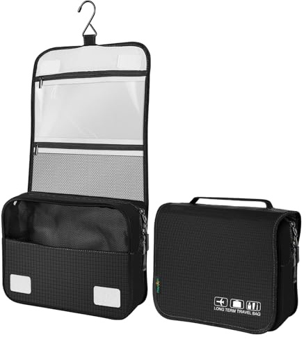 Trousse Toilette Homme Trousse de Toilette Voyage à Suspendre Grande Capacité Sac de Toilette Cosmétique Organisateur Accessoires de Voyage Étanche avec Crochet pour Femmes Hommes Salle de Bain(Noir)
