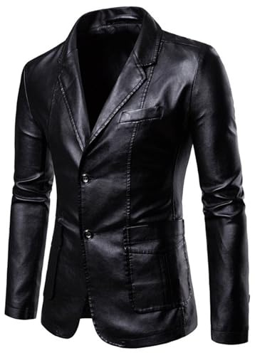 Drkobr Hombre Blazer de Cuero Abrigo de un Solo Pecho con Bolsillos para la Cena Casual de Negocios