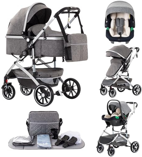 Lnhcrbs Cochecito de Bebé 3 en 1, Cochecito Plegable en Un Clic, Cochecito Alto con Asiento Ancho y Acogedor (38.5cm), Se Puede Bloquear las Ruedas Delanteras