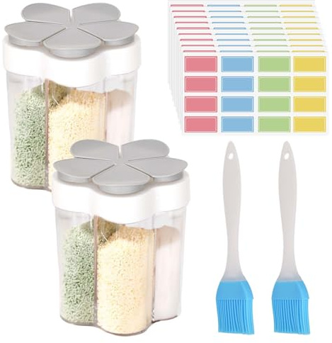 Luxvara 2 Pièces Boîte à Épices de Voyage 5 in 1 Saupoudreuse à Épices, Distributeur d'épices Vide avec Silicone Grill Brush et Étiquette Colorée, Cuisine Condiment Pots pour Barbecue Camping