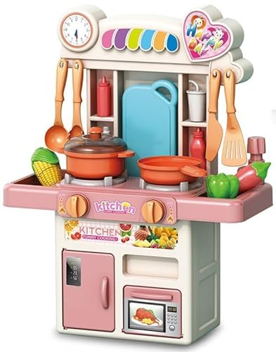 R REVA Cooking Kitchen Set Toy - 33PCS Mini Kitchen Playset for Kids with Water Spray, Light & Sound Effects - Toddler Pretend Play Appliances, Sink & Miniature Food, Educational Gift for Girls & Boys