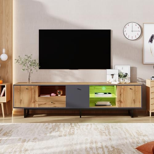 BTM Lowboard, Living Room TV Cabinet with LED Light Effect, Glass Divider, Soft-Close Hinges, Color-Coordinated Design
