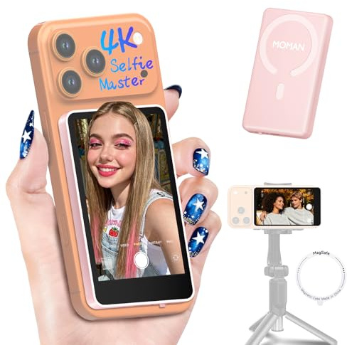 Moman Pantalla Monitor de Selfie 4K/1080p para Serie iPhone 17 y Android, Monitor Magnético Inalámbrico 50m Cámara Posterior para Selfie Vlog TikTok Live Streaming - Rosado