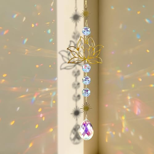 Soodyoow Atrapasoles Cristal Forma de Flor de Loto, Colgante de Ventana de 45 cm Que CREA Arcoíris, Adorno Decoración para Jardín Balcón Hogar Terraza, Filtro Solar Colgante Feng Shui