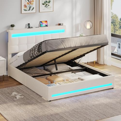 AOGLLATI Camas Matrimoniales 140x200 cm con Almacenamiento Hidráulico, Cama Canapé con Cabecero Ajustable, Estructura de Cama con Luces LED y Estación de Carga (USB y Tipo-C), Beige