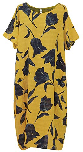 Storm Island Ladies Dress Tulip Print Womens Lagenlook Cotton Shirt Top Front Pockets Tunic SI111 (Mustard, One Sie UK 10-18)