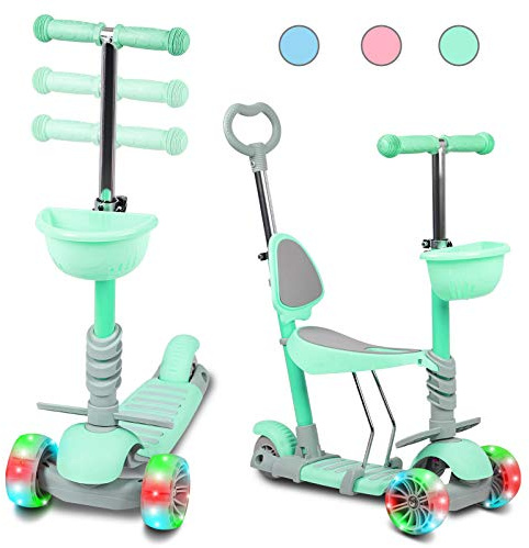 Guryon 3 Wheels Kids Kick Scooter for age 3-8, 5 in 1 Baby Scooter with Flashing Led Wheels, Removable Seat and Back Rest for Boys and Girls Toddlers (Green)