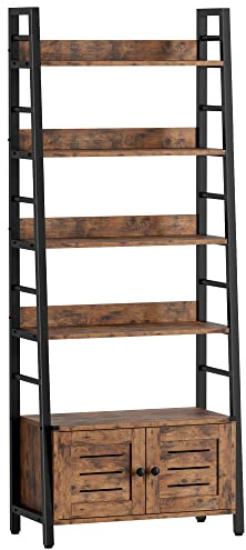 IRONCK Bookshelf with Louvered Doors, 4-Tier Ladder Shelf with Cabinet Industrial Accent Furniture for Bedroom Living Room Home Office, Rustic Brown