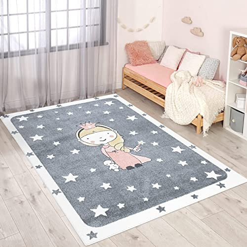 carpet city Teppich Kinderzimmer Prinzessin - Grau, Rosa - 160x230 cm - Kinderteppich Kurzflor mit Sternen, Zauberfee - Weicher Flor