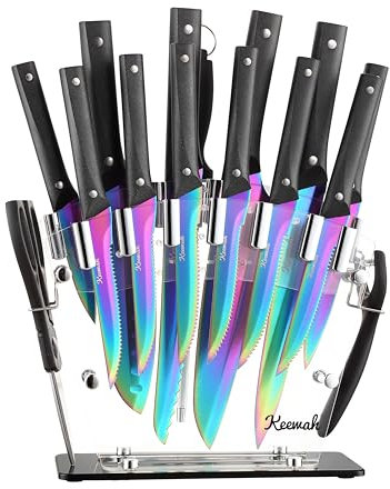 Keewah Knife Set, 16 Piece Kitchen Knives set with Acrylic Stand, Rainbow