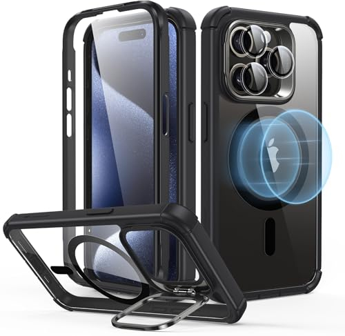 ESR Armor Tough Case with Stash Stand (HaloLock), Compatible with iPhone 15 Pro, Clear Black