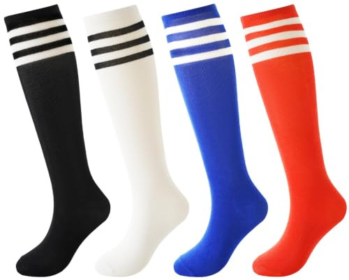 BISOUSOX 4 Pares de Calcetines de Fútbol para Niños, Atléticos a Rayas Hasta la Rodilla, de Algodón para Entrenamiento, Transpirables