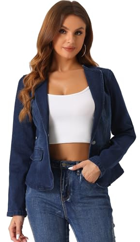 Allegra K Donna Blazer Denim Fitted Collo Rotondo un Bottone Giacca Jean