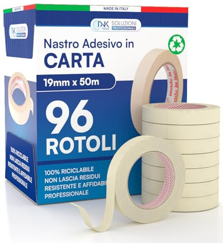 DNK TRADE Nastro Carta Professionale 19mm x 50m per Imbianchini Carta Gommata Riciclabile per Mascheratura Pittura Imbiancatura - 96 Rotoli