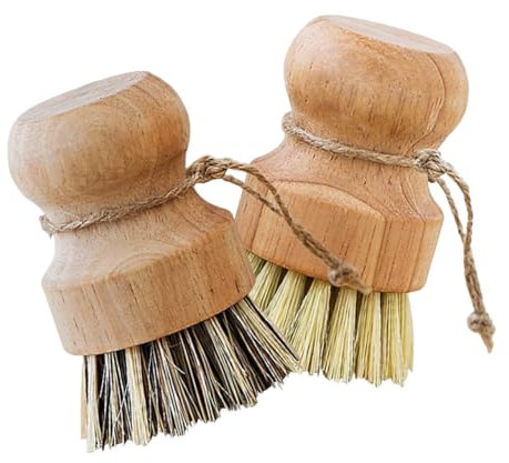 HONMEET Lot de 4 Brosses à Vaisselle en Fibres Naturelles, Manche en Bois, Nettoyage Multi-usages, Résistant Rayure, pour Fruits, Légumes et Ustensiles Cuisine, Entretien Écologique Maison