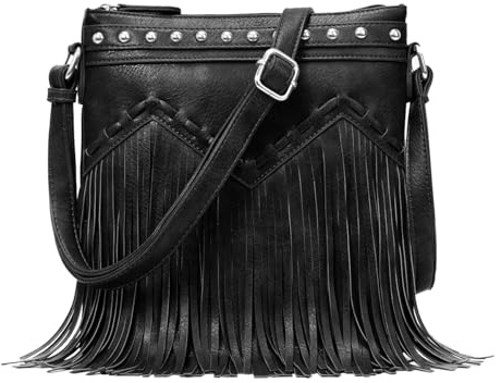 Sunwel Fashion Sac à bandoulière à franges avec rivets - Sac à bandoulière en cuir végétalien - Pour femme, noir, Medium