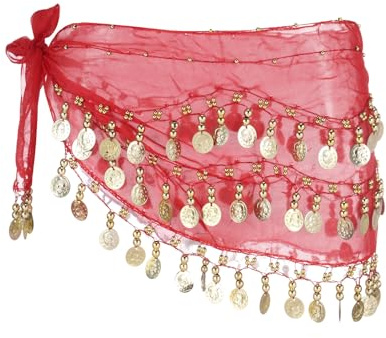 sourcing map Belly Dance Hip Scarf 55x10, 1 Pack Women's Belly Dance Costume Skirt Wrap with 98 Gold Coin for Dance or Yoga Class, Red