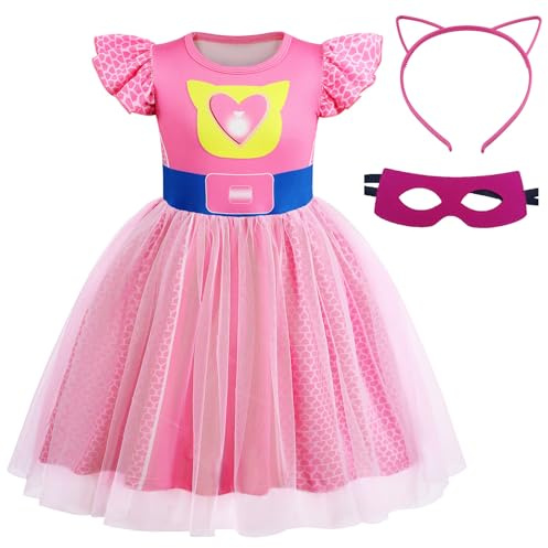 Marendyee Kitties Costume Ginny pour enfants filles – Robe d'Halloween à manches flottantes avec ourlet en maille avec masque œil de chat et bandeaux, pour fête d'anniversaire, rose, 9 à 10 ans