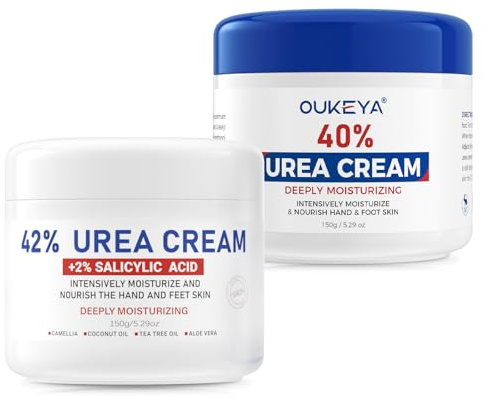 OUKEYA Crema Piedi 40% Urea & Crema 42% Urea + 2% SA, Trattamento Intensivo Riparatore per Piedi, Talloni e Mani Secchi e Screpolati, Esfoliante e Idratante Profondo, 2 x150 g