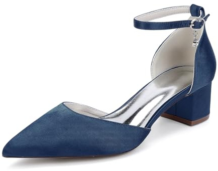 TNMIUH Scarpe da Sposa comode con Tacco Basso e Blocco da Donna Chiuse con Punta affilata Cinturino alla Caviglia décolleté in Raso Scarpe Eleganti con Tacco Basso,Dark Blue,39 EU