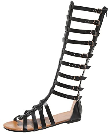 Sandales de gladiateur à bout ouvert pour femme - Élégantes - Confortables et antidérapantes - Sandales romaines plates - Vacances en plein air, Noir , 40 EU