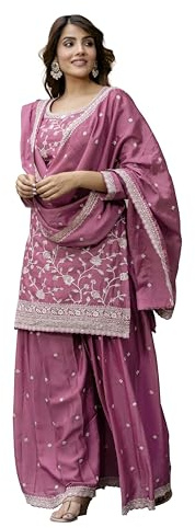 TRENDMALLS Women's Art Silk Embroidery Kurta Palazzo with Dupatta Set (G298-LightPink-XL)