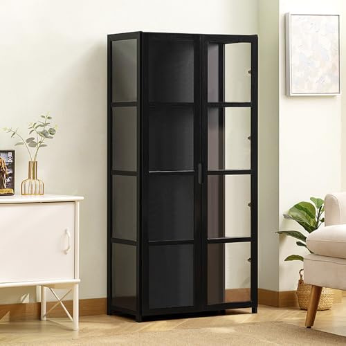 Acrylic Display Cabinet, Multifunctional Dustproof Glass Display Cabinet, Clear Display Case for Figures, Curio, Collectibles, Floor Standing Display Case for Office, Bedroom, Living Room (Black)