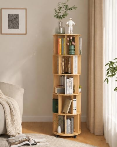 5-tier Rotating Bookshelf, 360° Revolving Bookcase, Freestanding Solid Wood Storage Unit, Multi-purpose Rotating Bookcase for Adults & Children, Ideal for Home Study Room Bedroom (Wooden Colour)