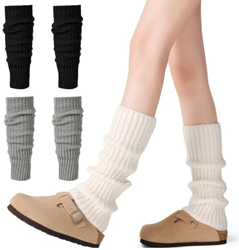 CHUANFU 3 Pares Calentadores Piernas Mujer, Leg Warmers Elasticidad, Calentadores Largas de Punto, Tejidos a Crochet, Cómodos Legwarmer para Ballet Danza Yoga (Negro, Blanco y Gris)