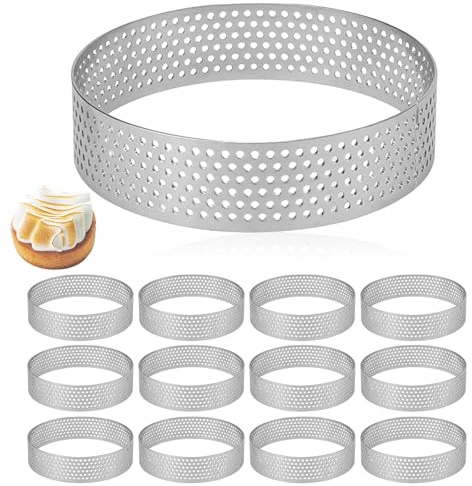 QKNOSM 12 moldes para tarta de mousse, 8 cm, anillo de mousse de postre con agujeros, de acero inoxidable, anillos de postre, perforados para tartas de crumpet, pasteles, quiche, magdalenas