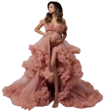 Hangsu Stylish TulleMaternity Dress Fluffed Ruffled Gown for Photoshoots Formal Event and Daily Activity During Pregnancy Comfortable Maternity Dress
