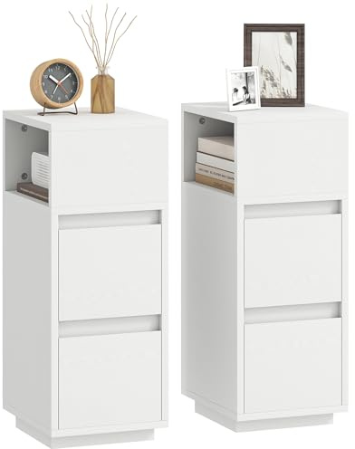 HOMCOM Set di 2 Comodini Camera da Letto Stretti e Alti con 2 Cassetti e Ripiano Aperto, Comodini Moderni Salvaspazio, Tavolini per Divano, Soggiorno, Salotto e Camera, 25x30x65 cm, Bianco