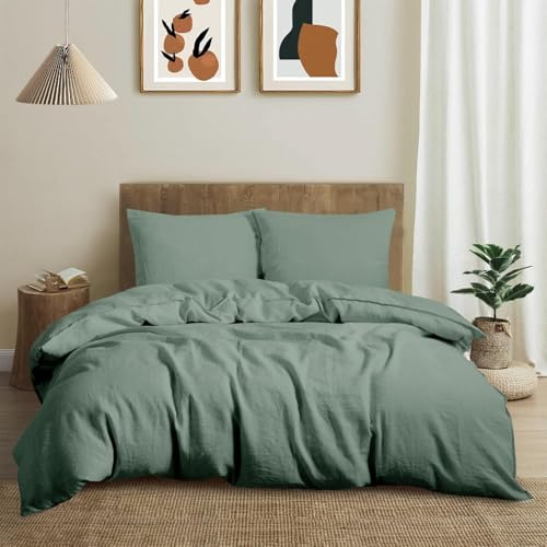 CHUFFED Biancheria da letto in lino 155 x 220 cm, 2 pezzi, 100% lino naturale, 1 copripiumino 155 x 220 cm + 1 federa 40 x 80 cm con chiusura lampo, morbida e traspirante, verde salvia