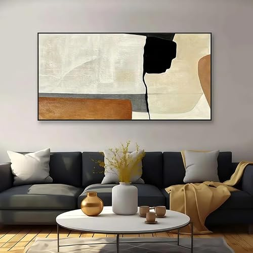 Pintura al óleo abstracta enmarcada para decoración de pared, arte abstracto beige y marrón, póster realista moderno grande para dormitorio (80 x 160 cm, marco negro)