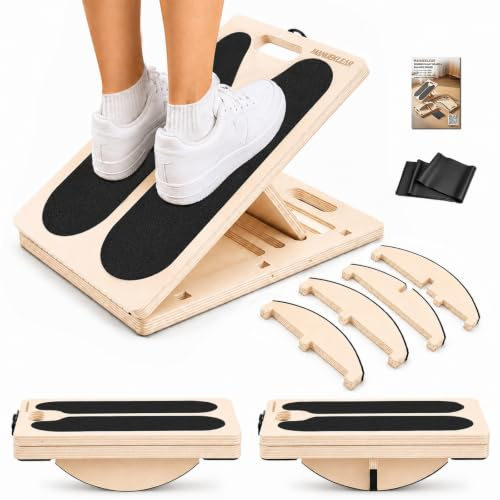 MANUEKLEAR 3-in-1 Slant Boards & 180°/360° Balance Board, 136kg Capacity | 5 Angles Adjustable Slant Board for Exercise Calf Stretch, Non-Slip Balance Board with Resistance Bands for Balance Training
