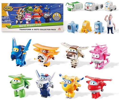 SUPER WINGS - WORLD AIRPORT CREW - 8-delars TRANSFORM-A-BOTS SET + PVC-figurer x7 - Förvandlingsbara leksaksflygplan och robotfigurer från första säsongen av den animerade serien Super Wings