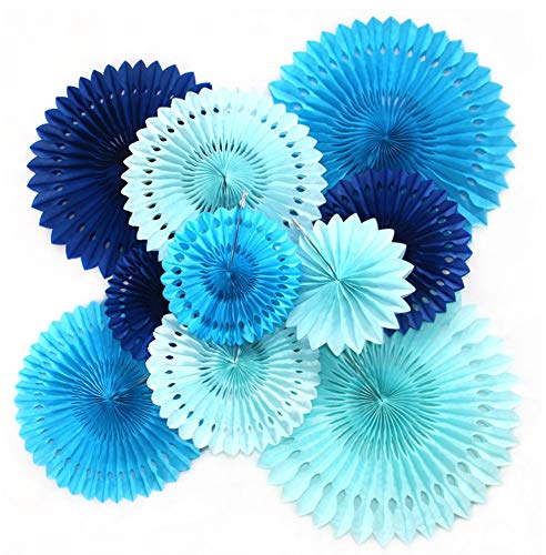 Himeland 10 Pezzi Ventagli di Carta, Blu Ghirlanda ​Fan Fiore da Appendere, per Feste, Matrimoni, Compleanni, Festival, Decorazioni per La Stanza, Accessori per Feste