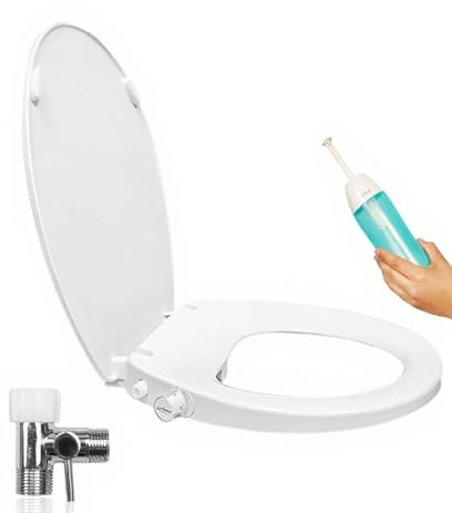 GenieBidet Bidet Toilet Seat Elongated - Dual Nozzles with T adapter & Bottle - Adjustable Water Pressure & Slow Close Bidet Seat Elongated with No Wiring & Easy Installation
