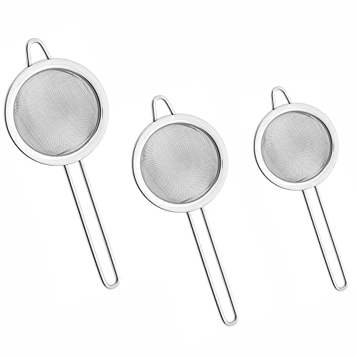 Tea Strainer Fine Mesh Sieve (7cm 8cm 10cm) Size Stainless Steel with Non Slip Handle Kitchen Craft Strainers for Loose Tea Cocktail Juice Flour Spices and Baking Silver Color (Pack of 3)