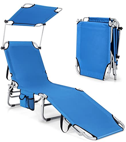 COSTWAY Chaise Longue Pliante Inclinable avec Auvent Rotatif à 360° Charge 150KG, Bain de Soleil Réglable à 5 Positions Métal Antirouille Bain de Soleil pour Camping Terrasse (Bleu)