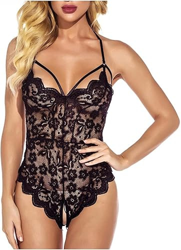 Satohom Donna Sexy Intima Babydoll Camicia da Notte in Pizzo Trasparente Intima da Notte Scollo a V Aperto Erotics Sleepwear Hot Hollow Lingerie Body in Pizzo Sexy Pigiama Set Babydoll