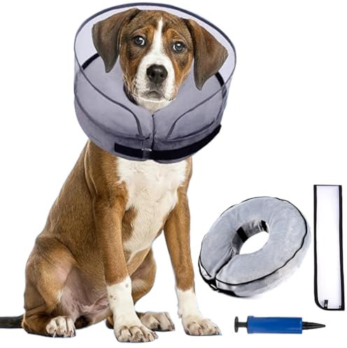 Halskrausen für Hunde,2-in-1 Aufblasbares Hundehalsband für Genesung nach Operationen oder Wunden, Hundekragen Schutzkragen Krägen für Haustiere Einstellbar Bequem Schutzkragen,grau L