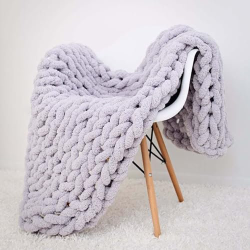Dazzluxe Chunky Knit Blanket Throw, Soft Chenille Yarn Throw Blanket, Handmade Thick Cable Knit Crochet Blanket, Large Knit Chunky Throw Blanket for Couch Home Decor,Light Grey,60 * 60 cm